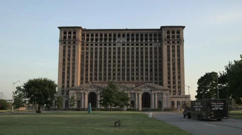 Tilt Down on Abandoned Michigan Central Station Building Stock Footage 47038271