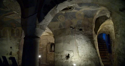 Tilt Down From Ceiling in Crypt of Church of San Giovanni Domnarum, Pavia Stock Footage 204075326