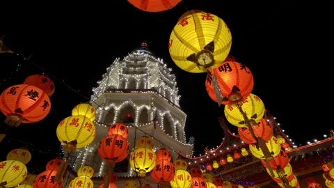 Tilt down chinese new year lantern near pagoda Stock Footage 150312062