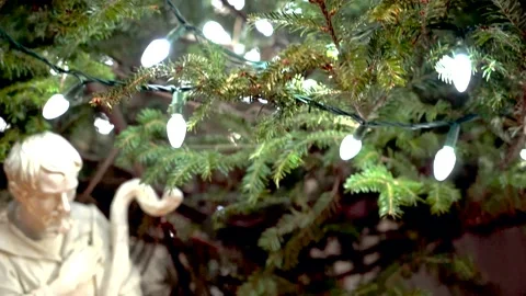 Tilt Down Close up Christmas tree and Nativity Scene Williamsburg BK NYC 4k Stock Footage 267737883