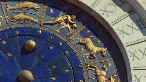 Tilt down close up of St Mark's Clock Tower, Venice, Veneto, Italy Stock Footage 74339074