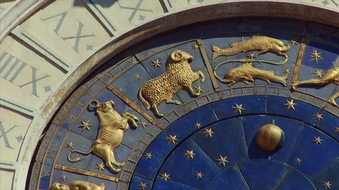 Tilt down close up of St Mark's Clock Tower, Venice, Veneto, Italy Stock Footage 74339240