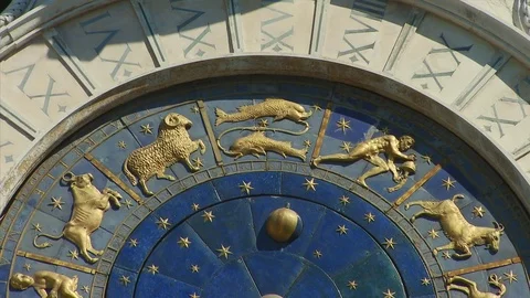 Tilt down close up of St Mark's Clock Tower, Venice, Veneto, Italy Stock Footage 74340024