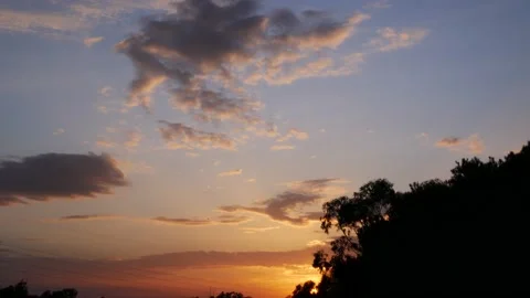 Tilt down from colourful clouds to trees silhouettes Video stock 170419863