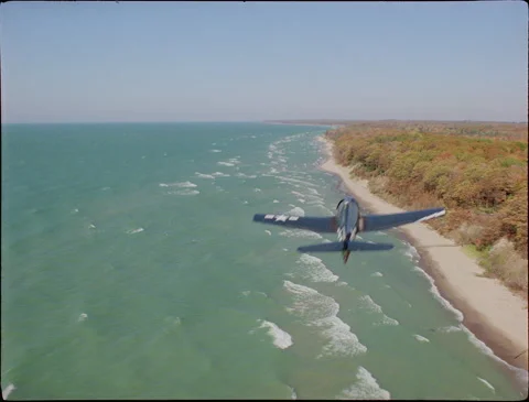 Tilt down as F6F Hellcat emerges below camera on Autumn coast 1990s 35mm film Stock Footage 136384064