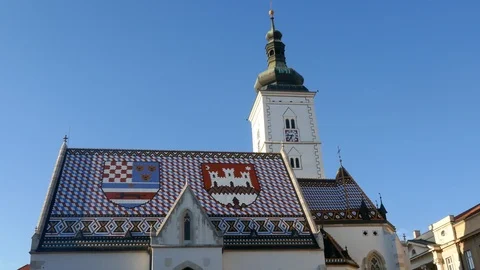 Tilt down of the famous St. Mark's Church in Zagreb the capital of Croatia Stock Footage 89148601