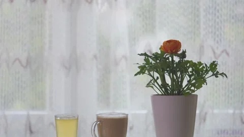 Tilt down of fruit juice, coffee and an Asian globeflower in front of a window 動画素材 267450205