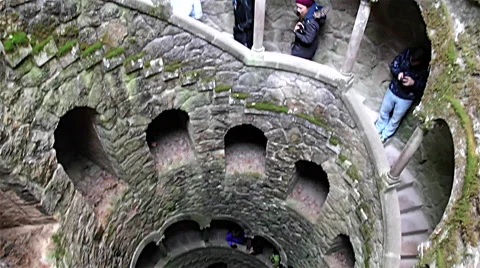 Tilt down of Initiation Well, Quinta Da Regaleira Estate, Sintra, Portugal Stock Footage 67998748