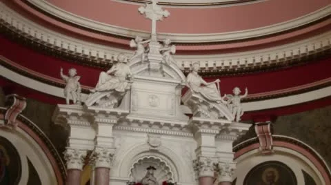 Tilt down inside Catholic church front altar Stock Footage 11137959