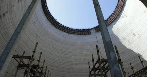 Tilt Down Inside Unfinished Chernobyl Cooling Tower Stock Footage 346400325