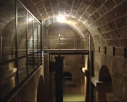 Tilt down - interior  water tower at Kaiserbrunnen, tunnel and pipeline system Stock Footage 45575299