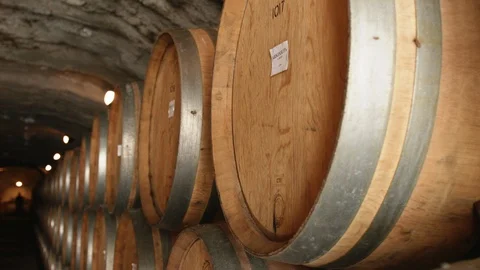 Tilt down medium shot of wine barrels in cellar Vídeos de archivo 89811064