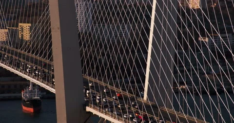 Tilt down on modern cable bridge in Vladivostok, Russia Video stock 48631851