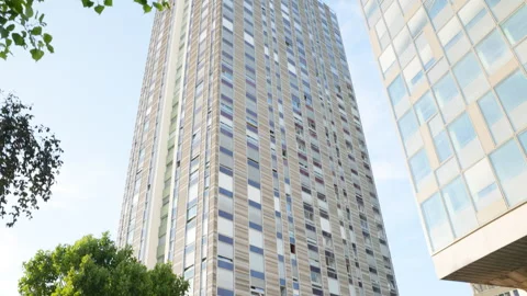 Tilt Down of Modernist 1970s High Rise Residential Skyscrapers at Front de Seine Stock Footage 339034084