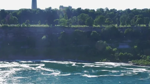 Tilt down of Niagara Falls to Maid of the Mist dock Stock Footage 143480710