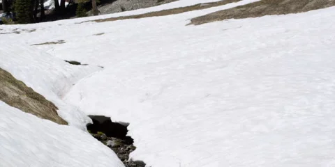 Tilt-down to path of tiny stream bordered by thawing snow Video stock 59105270