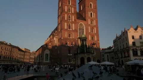 Tilt down from pigeons from the tower of St Marys Basilica on Rynek Glowny Stock Footage 265157358