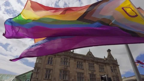 Tilt down.  Rainbow flags. LGBTQ rights, gay community. Hull.UK. 25.7.2026 Stock Footage 340515272