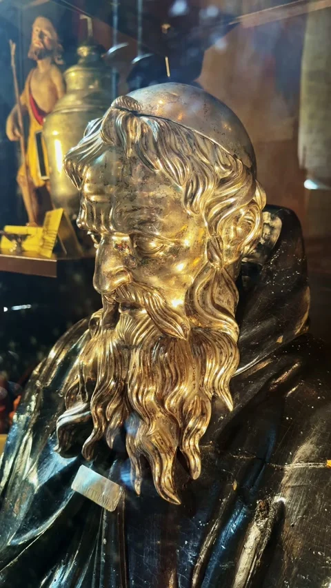 Tilt Down on Religious Bust Inside Saint Victurnien Church close up Stock-Footage 348197048