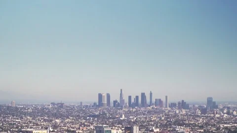 Tilt down to reveal downtown los angeles skyline and 101 freeway Stock Footage 84160804