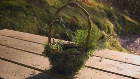 Tilt Down To Rustic Woven Small Basket Sat On Wooden Table In Sunlight Vidéo 236991140