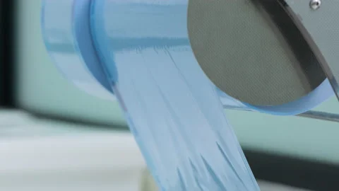 Tilt-down shot of blue craft package roll for dental tools for disinfection Stock Footage 131683375