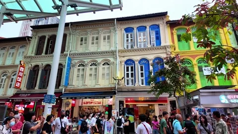 Tilt-down shot from colonial facades to Pagoda Street in Singapore’s Chinatown Stock Footage 318875186