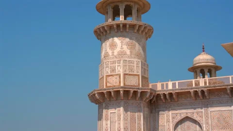 Tilt Down Shot of an Ornate Marble Minaret at Itimad-ud-Daulah Tomb Stock Footage 333557702