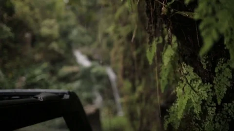 Tilt down shot of woman's hand enjoying waterfall while sitting in car Stock Footage