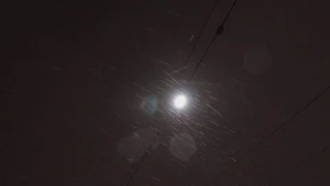 Tilt Down from Snowfalling on a Streetlight At Night to Local Train Station.  Stock Footage