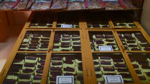 Tilt down / Up: Tibetan Scriptures Safe in India Stock Footage 92394346
