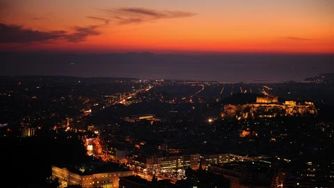 Tilt Down Time Lapse Aerial View of Athens City Cars Traffic Jam Dusk to Night Stock Footage 97444013