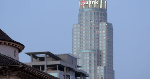 Tilt down from top of us bank building los angeles Stock Footage 87394809