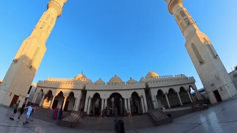 Tilt-down view between twin minarets at El Mina Mosque in Hurghada, Egypt Stock Footage 333414291