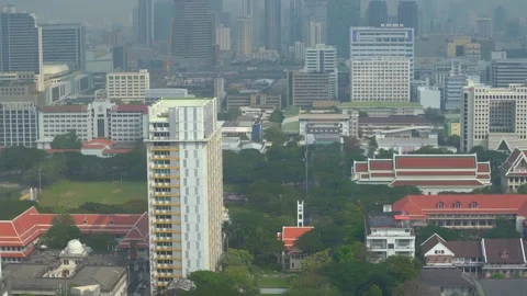 Tilt Down View Of City Skyline Covered In Heavy Smog Stock Footage 337709085