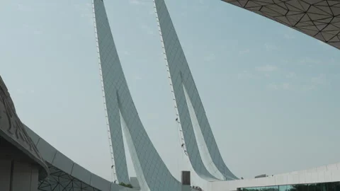Tilt Down View of Education City Mosque Minarets and Courtyard Qatar. Stock Footage 335507578