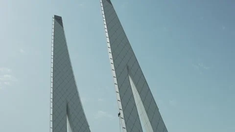 Tilt Down View of Modern Minarets at Education City Mosque, Al Rayyan, Qatar. Stock Footage 335508180
