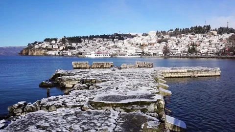 Tilt down view of old town of Ohrid in winter time, Macedonia Video stock 84828728