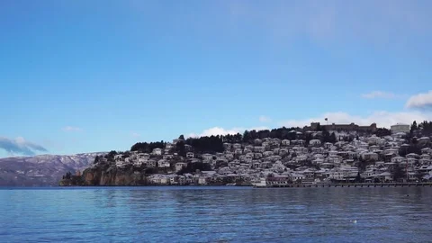 Tilt down view of old town of Ohrid, Macedonia 스톡 동영상 84829192