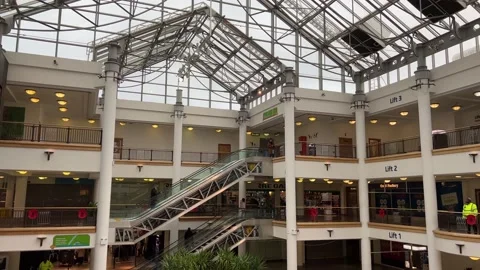 Tilt-down view shoring three levels of Whitgift Centre, Croydon, 4K Stock Footage 171408938