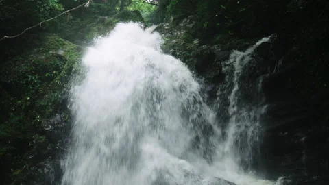 Tilt of dramatic waterfall gushing into a plunge pool below. The water is Video stock 130369816