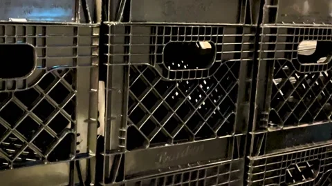 Tilt up of empty milk crates stacked and wrapped on a pallet Stock Footage 175484344