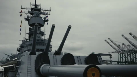 Tilt-Up Front View From Navy Destroyer Deck Showing Multiple Large Guns Stock Footage 322038154