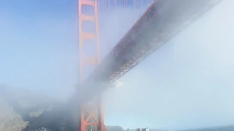 Tilt up to Golden Gate Bridge from support, from boat on Pacific Ocean side Stock Footage 242829274