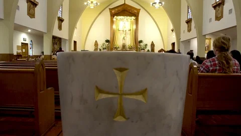 Tilt up Inside of St Annes Catholic Christian Church inside Cross and Podiums Stock Footage 92512055