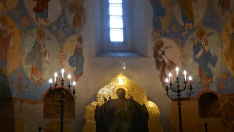 Tilt up of the interior of Saviour Monastery of Saint Euthymius in Suzdal Russia Stock Footage 98381864