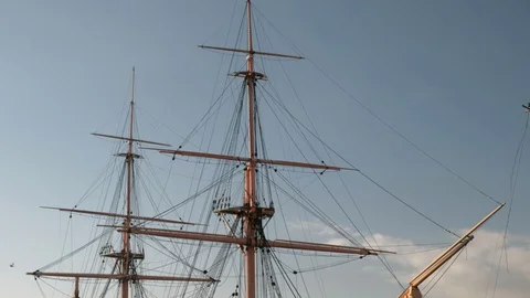 Tilt from masts to hull of HMS Warrior in Portsmouth Stock Footage 127817275