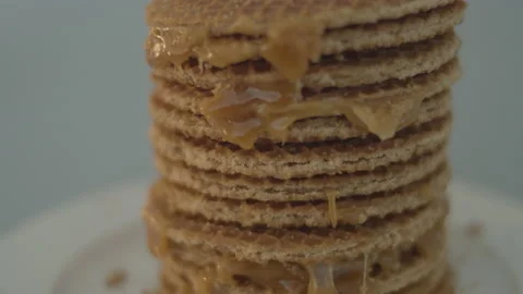Tilt op over delicious stack of stroopwafels, a typical dutch cookie - Stock Footage 142784151
