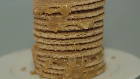 Tilt up over delicious stack of stroopwafels, a typical dutch cookie Stock Footage 142792900