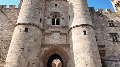 Tilt up of Palace of the Grand Master main entrance and towers in Rhodes Stock Footage 340575862